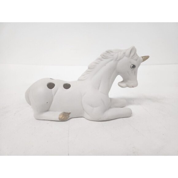 VINTAGE Rainbow Unicorn Figurine Ceramic Sitting Sculpture Matte White Gold - Picture 2 of 9